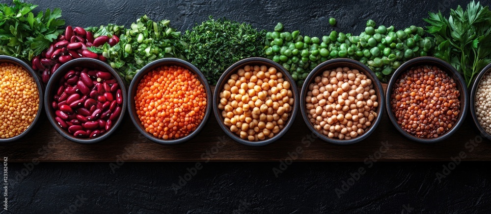 Poster assorted legumes and pulses in bowls on a dark background with fresh greens copy space