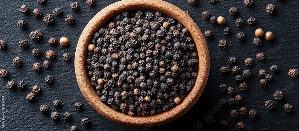 Aufkleber black peppercorns in a wooden bowl on a dark stone surface with scattered peppercorns, featuring amp