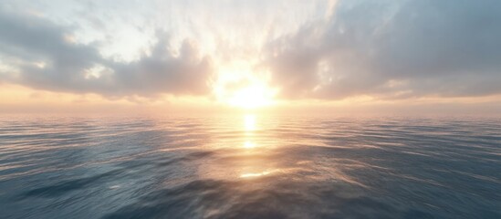 Beautiful sunrise over calm ocean waters with vibrant clouds and ample empty space for text or captions.