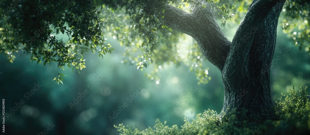 Poster Sunlight filtering through leaves with a large tree trunk in focus and a soft green background with copy space