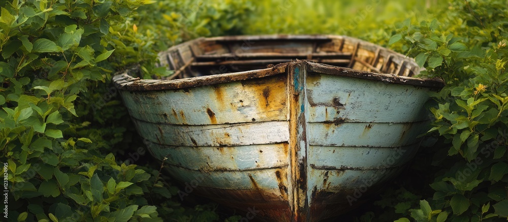 Aufkleber abandoned rusty boat surrounded by lush green foliage with natural light and copy space for text pla