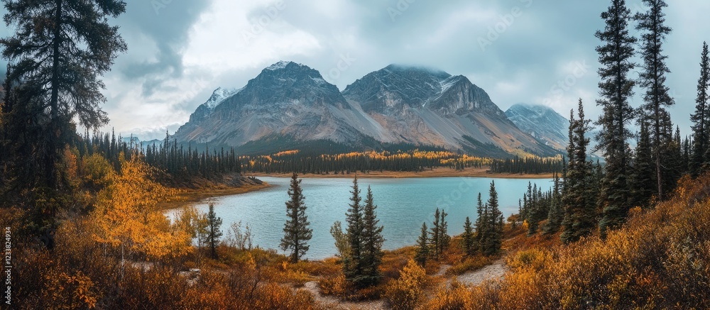 Aufkleber panoramic view of mountains and lake with autumn foliage and cloudy sky in national park copy space