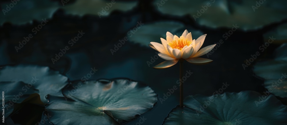 Aufkleber white lotus flower blooming in dark pond surrounded by lily pads with copy space for text placement