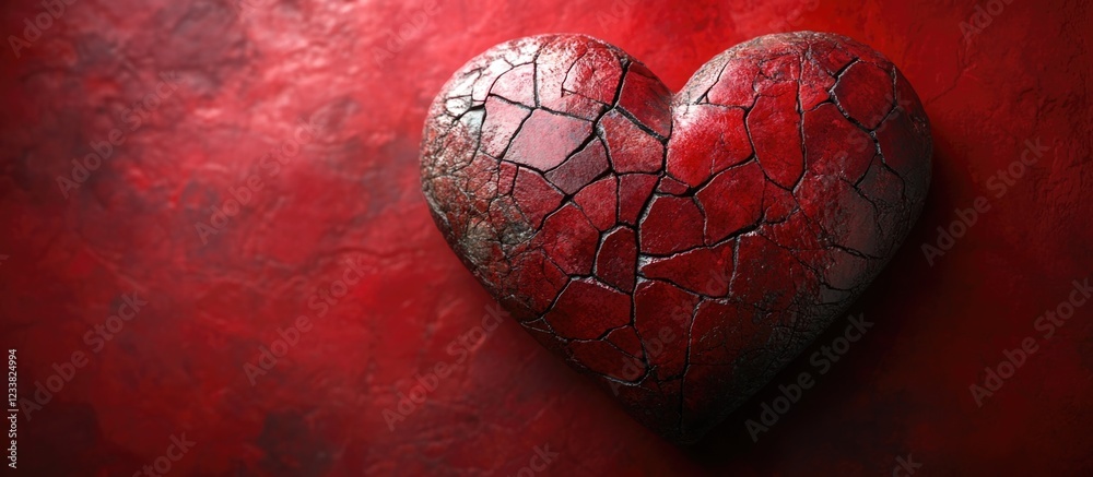 Poster cracked red heart on textured red background with copy space for text