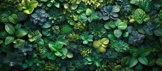 Lush green foliage wall texture background with a variety of leaves and plants Copy Space