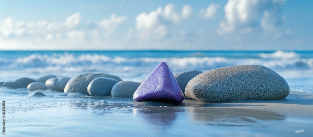 Poster colorful triangular stone among smooth pebbles on wet sandy beach with ocean waves and cloudy sky co