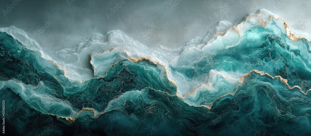 Poster abstract ocean waves in turquoise and gray tones with intricate textures and highlights, suitable fo
