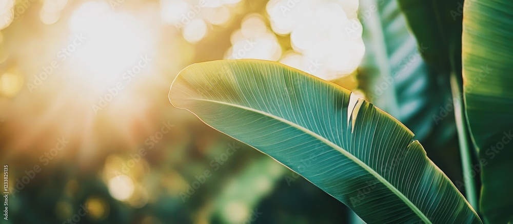 Aufkleber sunlit tropical leaves with bokeh background and copy space for text usage