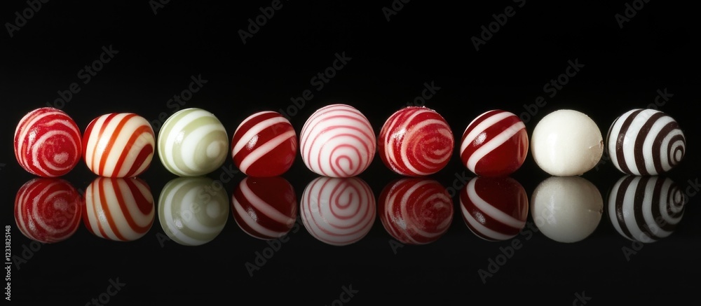 Aufkleber colorful striped candies arranged in a row on a reflective black surface with copy space for text