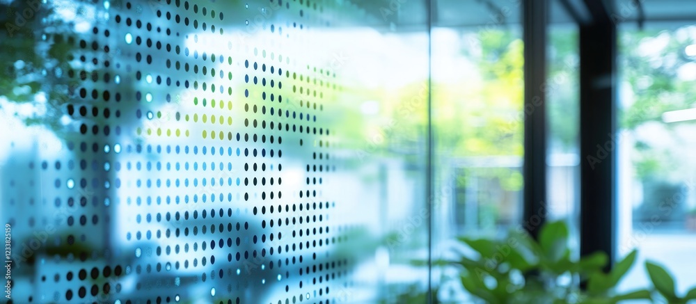 Aufkleber Glass wall with perforated pattern reflecting greenery in an urban setting with soft focus and copy space