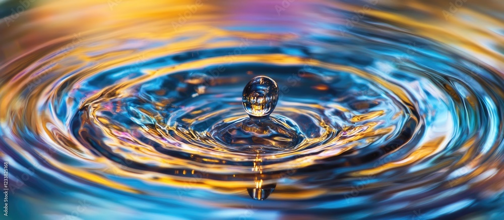 Poster colorful water ripple with drop creating splash and reflections in circular pattern copy space
