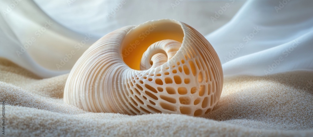 Poster sea shell with intricate patterns resting on fine sand, soft fabric background, natural light, detai