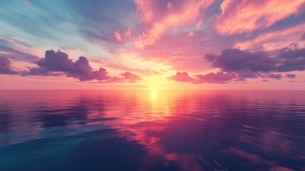 Obraz premium Tranquil Sunset over Ocean with Vibrant Reflections and Soft Clouds Ideal for Text Placement in Serene Landscape Background