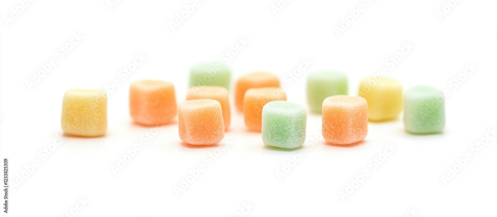 Poster colorful chewing gum cubes on a white background with copy space for text placement.