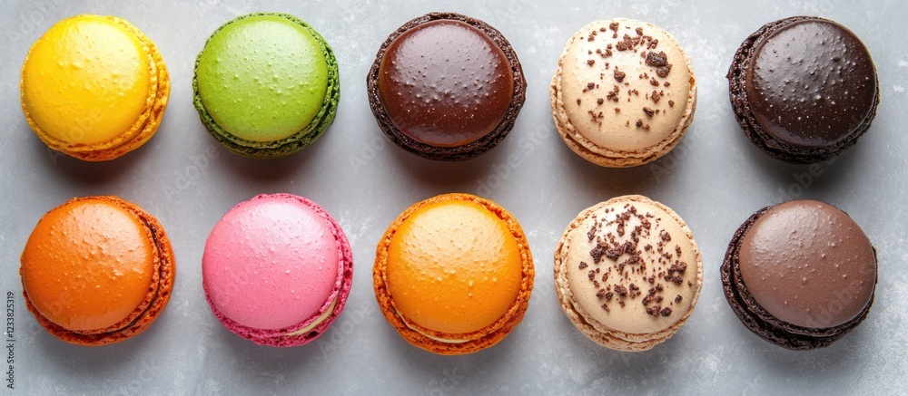 Poster Colorful assorted macarons arranged in two rows on a grey surface with Copy Space for text.
