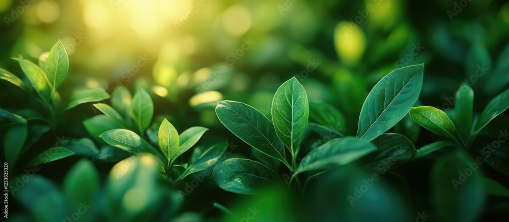 Poster Close-up of lush green leaves with sunlight filtering through, creating a natural bokeh effect, ideal for nature-themed backgrounds with copy space