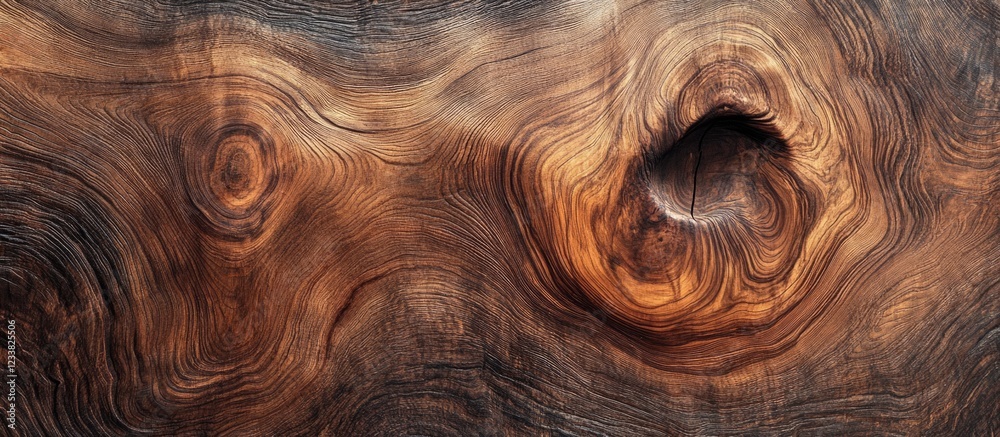 Poster Detailed close-up of textured wood surface showing natural patterns and grain with a dark knot formation and Copy Space for text usage.