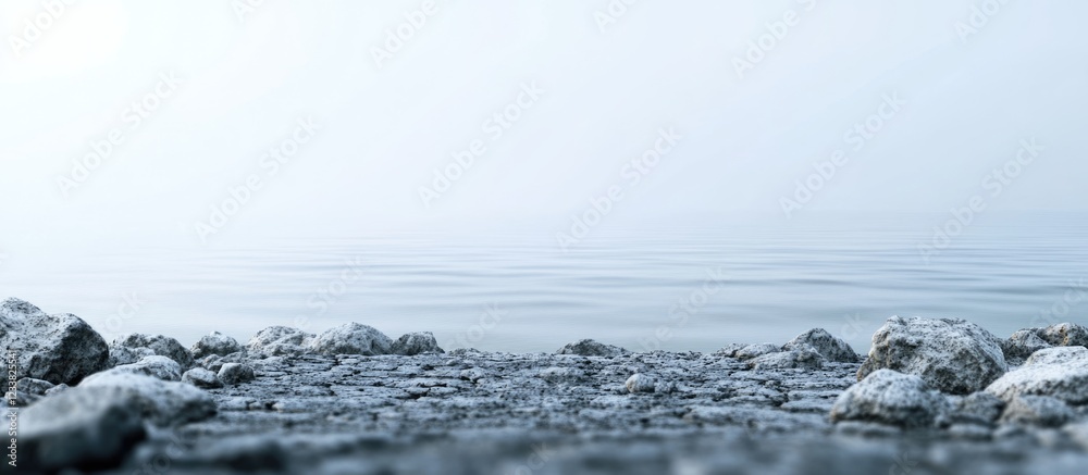 Poster Calm water surface surrounded by smooth stones in foggy atmosphere with copy space for text.