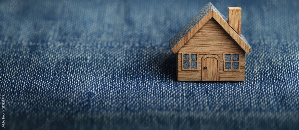 Poster miniature wooden house model on denim fabric background with copy space for text.