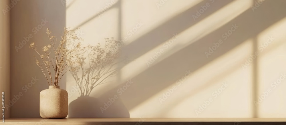 Poster interior scene featuring a vase with dried flowers on a shelf, soft natural light and shadows creati