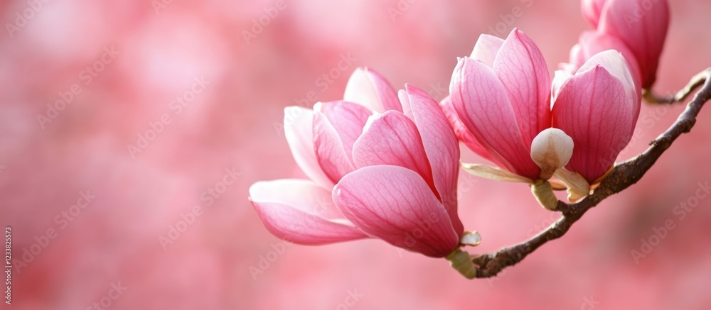 Poster pink magnolia flowers blooming on branch with blurred soft pink background and ample copy space.