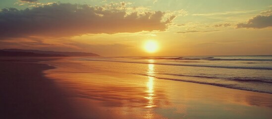 Tropical beach at sunset showcasing vibrant colors and expansive empty space for text overlay in a serene coastal setting.