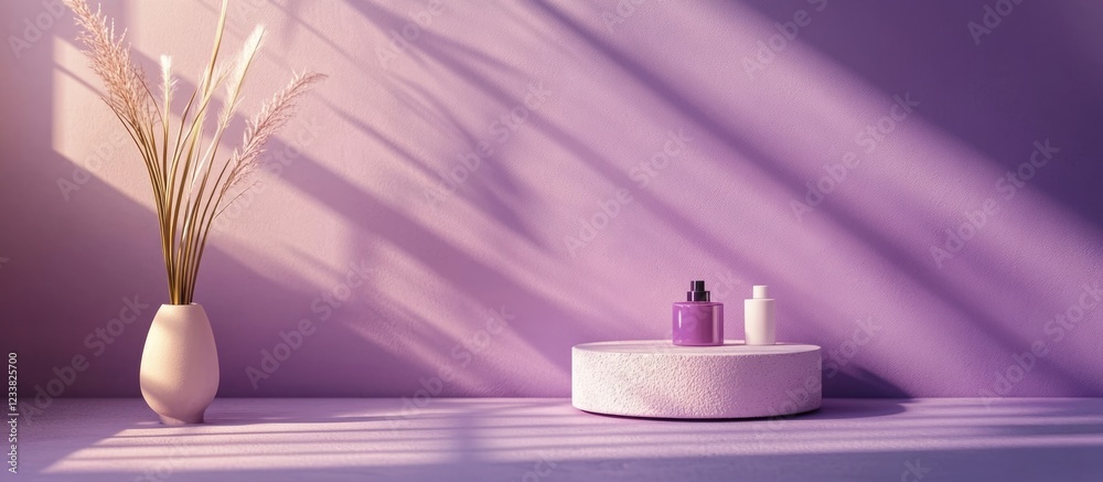 Aufkleber minimalist display of cosmetic bottles on a round pedestal surrounded by soft shadows and decorative