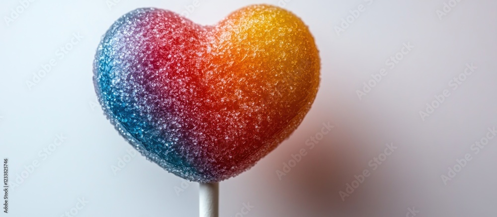 Poster Colorful heart-shaped lollipop with a vibrant ombre design and Copy Space for text placement.