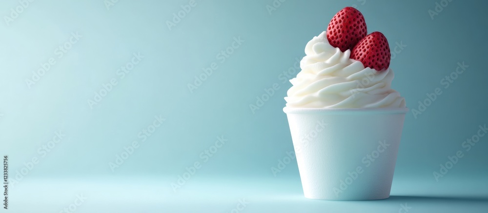 Poster cup of soft serve ice cream topped with fresh strawberries on a light blue background with copy spac