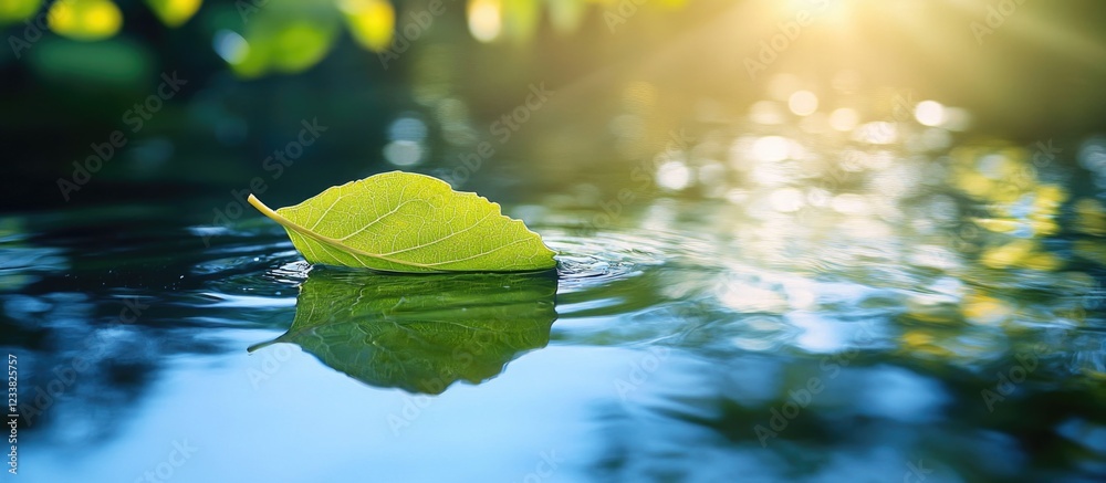 Poster floating green leaf on calm water surface with sunlight reflecting, nature background with bokeh eff