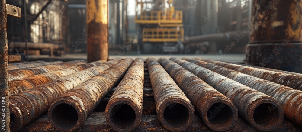 Poster rusty industrial pipes on factory floor with blurred background and industrial structures copy space