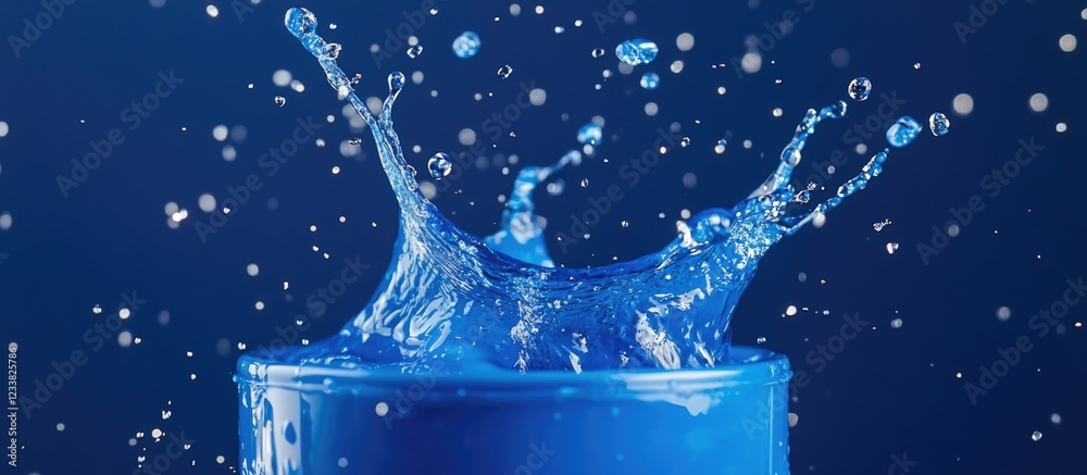 Poster blue water splash with droplets isolated on dark background copy space