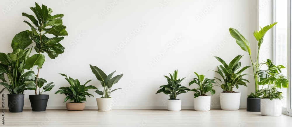 Poster indoor plants in decorative pots arranged along a light wall showing copy space for text above a woo