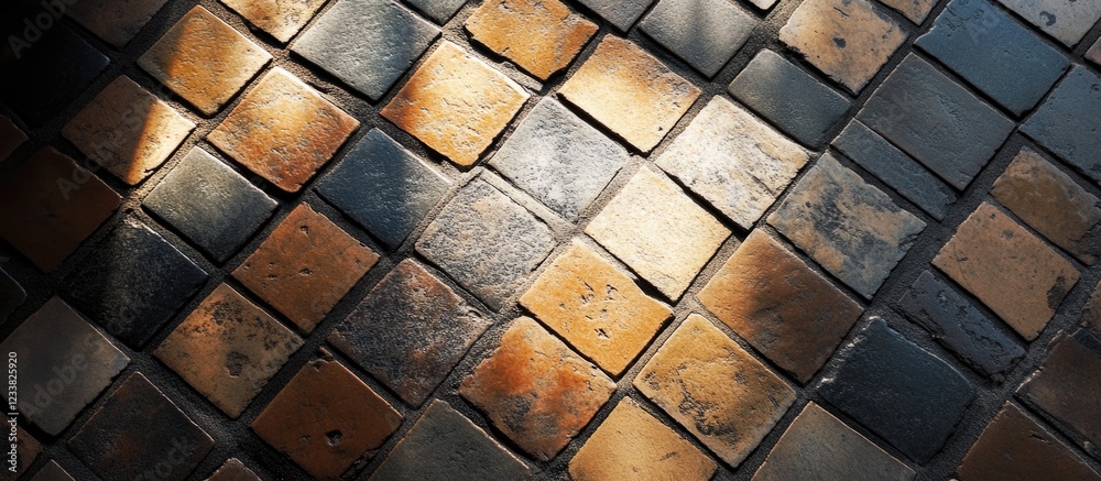 Poster textured pavement tiles with light reflections in a geometric pattern and scattered shadows offering