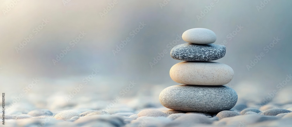 Aufkleber Stacked smooth pebbles in a balanced arrangement on a blurred background with copy space for text