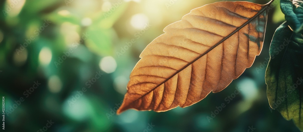 Poster close-up of a brown leaf with visible veins against a blurred green background and soft sunlight cop