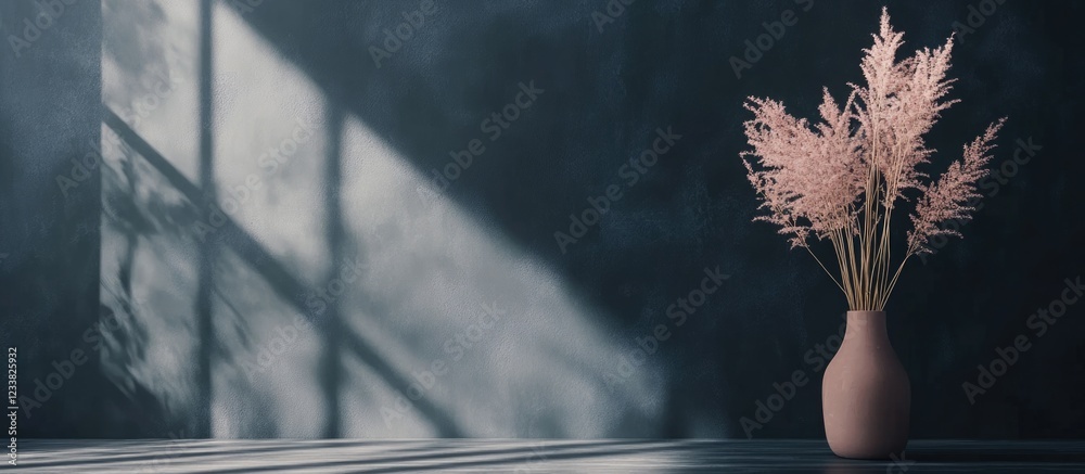Poster minimalist vase with pink pampas grass on a table with dramatic light and shadows against a textured