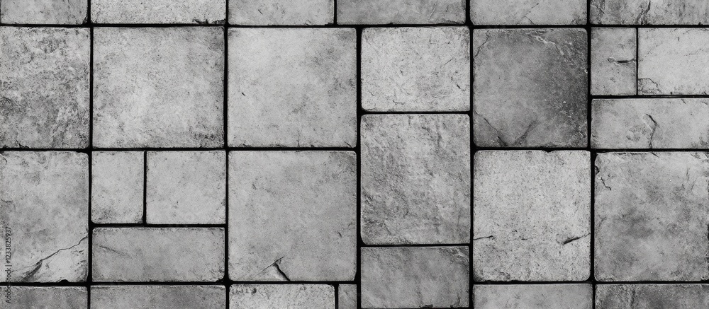 Poster gray stone pavement tiles in a geometric pattern with uneven surfaces and textures, suitable for bac