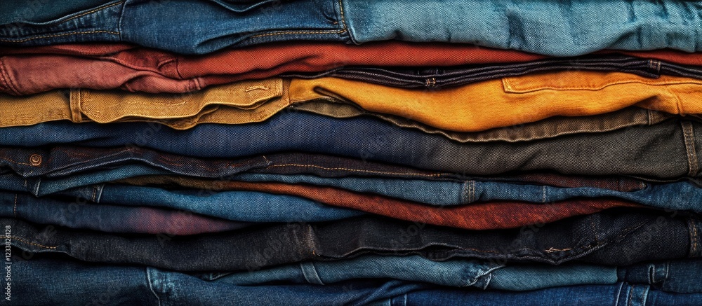 Poster colorful stacked denim jeans with various textures and tones on display copy space