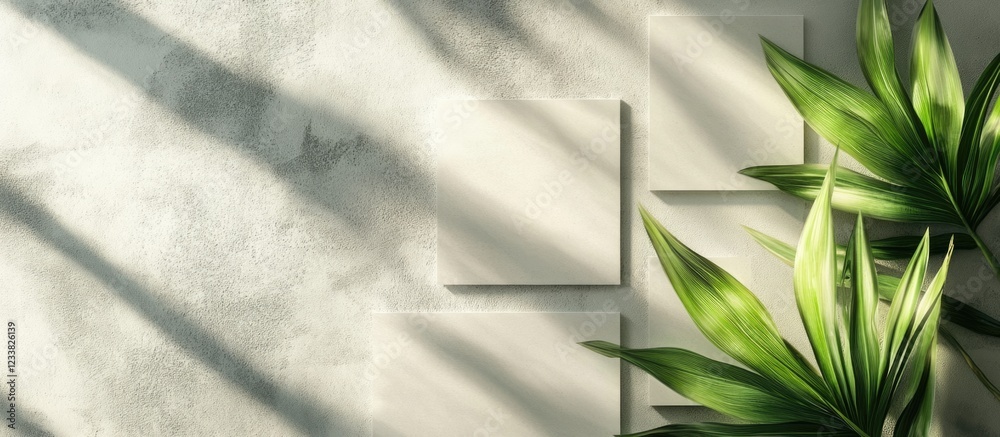 Leinwandbilder minimalist decor with green leaves on textured concrete background and diagonal shadows, featuring a