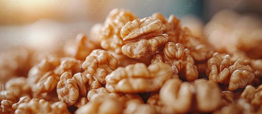 Poster Close-up of shelled walnuts stacked in a pile with soft focus background and natural lighting Copy Space
