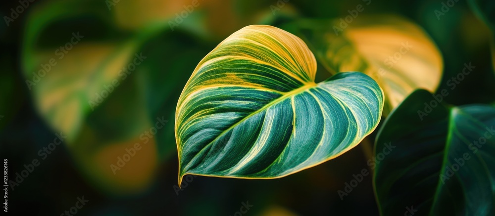 Poster close-up of vibrant green and yellow variegated leaves with prominent vein patterns against a blurre