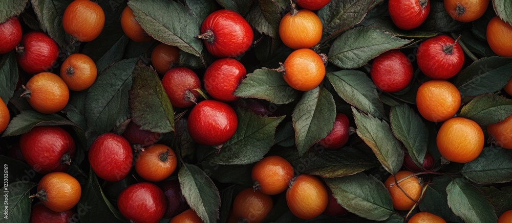 Poster colorful variety of small fruits with green leaves on dark background providing ample copy space for