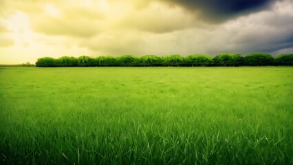 Obraz premium the picture was taken at the moment of sunset on a large field of grass and some trees