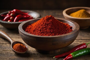 Fototapeta premium Traditional red chili powder with whole red chilies, captured in an ethnic setting. The vibrant color and rich texture highlight the essence of Indian spices and culinary heritage.