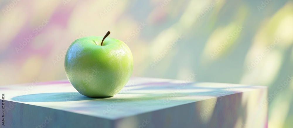 Aufkleber green apple on a wooden pedestal with soft pastel background and copy space for text inclusion