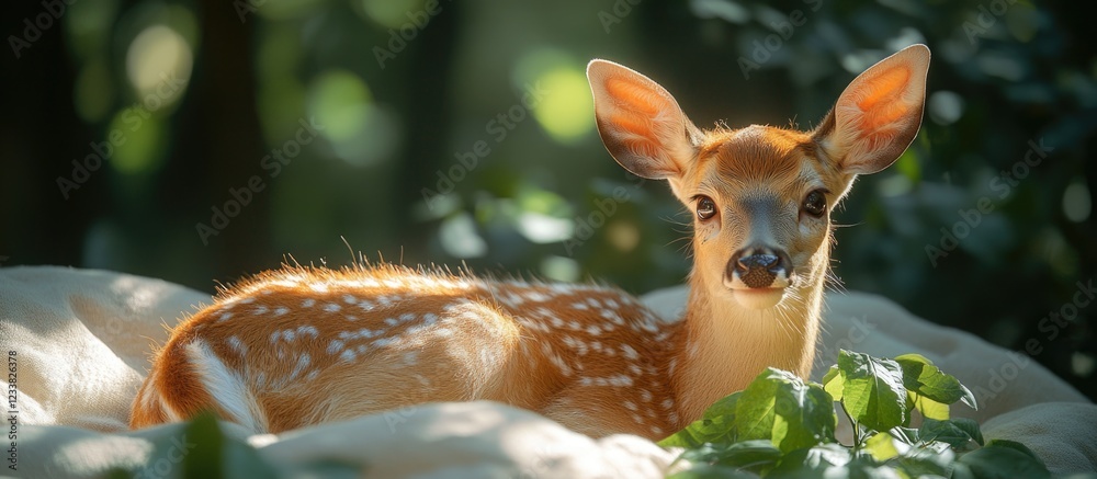 Poster fawn resting in soft foliage surrounded by greenery with dappled sunlight highlighting its features 