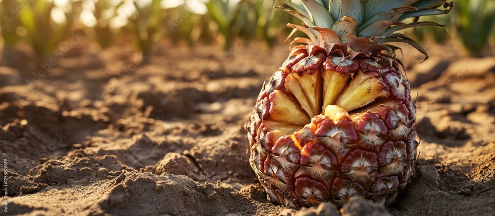 Poster close-up of ripe pineapple lying on dry soil with sunlit background and green foliage in the distanc