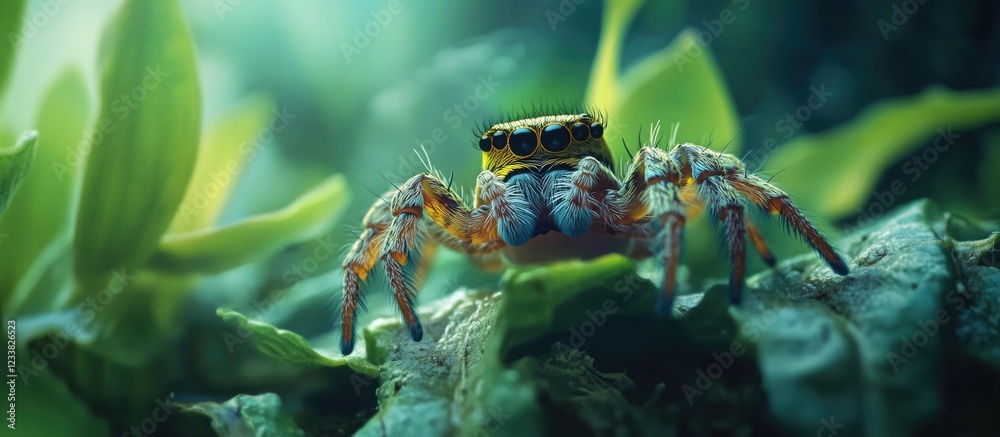 Poster Close-up of a colorful crab on green foliage with blurred background and Copy Space for text placement