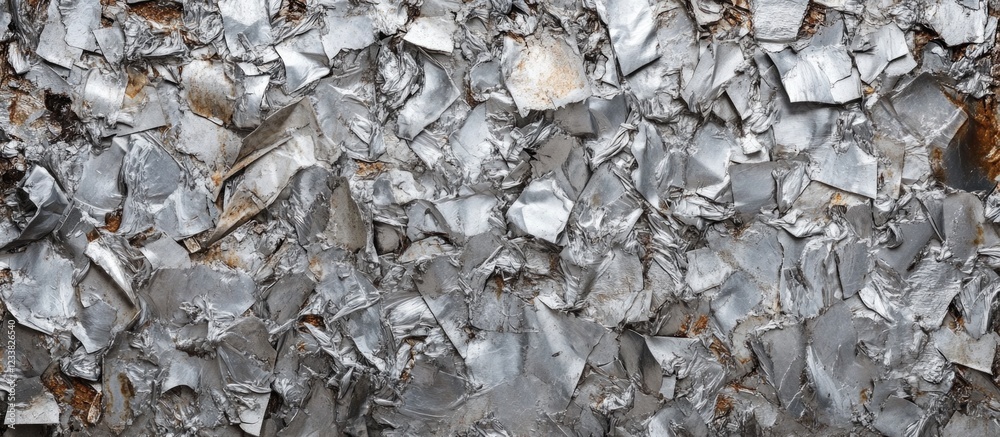 Poster metallic scrap pieces in a disorganized pile providing a textured surface with copy space for text i